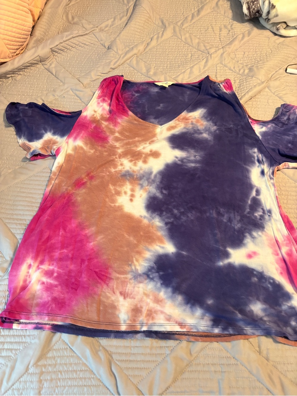 Terra & Sky Tie-Dye Cold-Shoulder V-Neck Top - Pink, Purple, Brown
